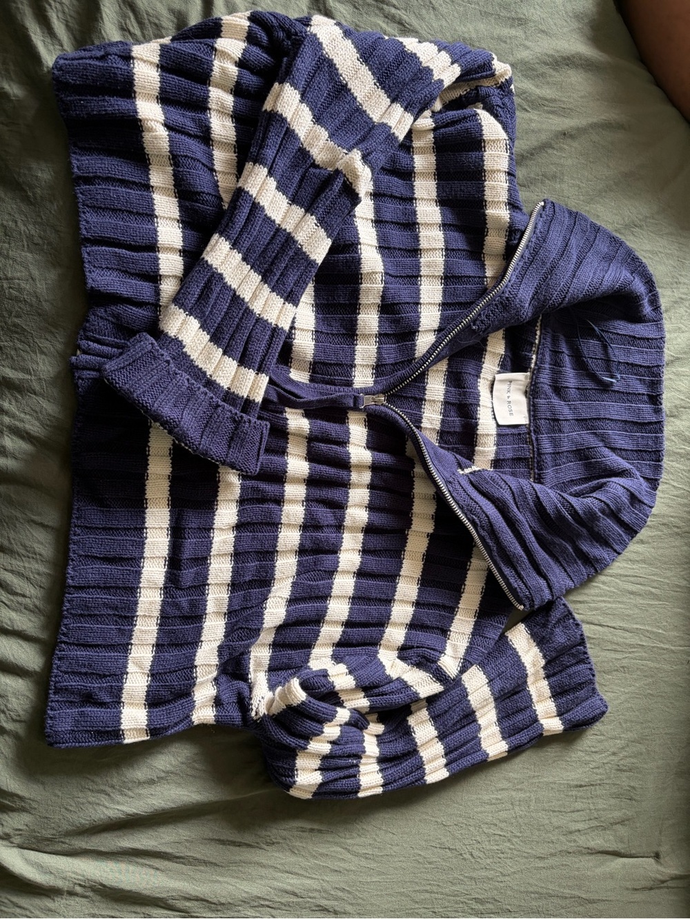 Pink Rose Navy and Cream Striped Knit Zip-Up Hoodie